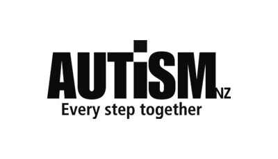 Black and white logo with the words autism nz every step together