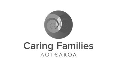 Black and white logo with the wording Caring Families Aotearoa
