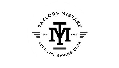 Black and white logo with the words taylors mistake surf lifesaving club