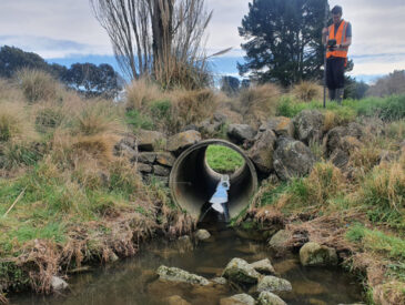 Man dressed in orange and grey above a stormwater pipe nearby a river on an overcast day