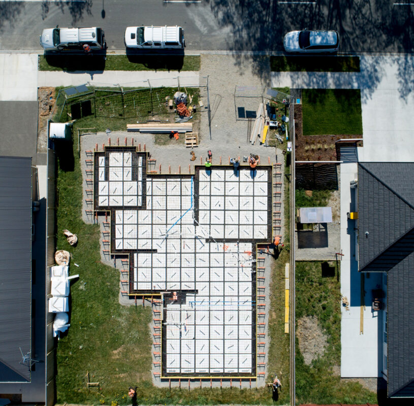 Aerial view of a house being built