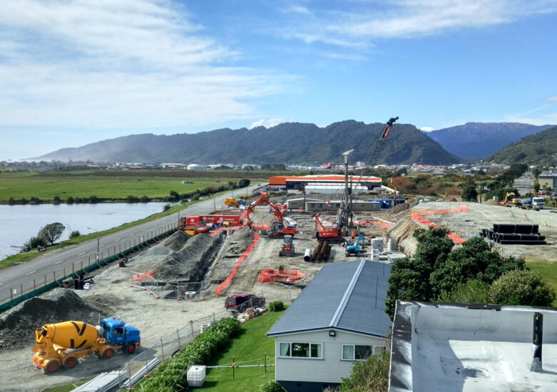 Aerial view of Greymouth with the hospital in construction