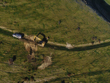 Aerial view of a gorge and digger