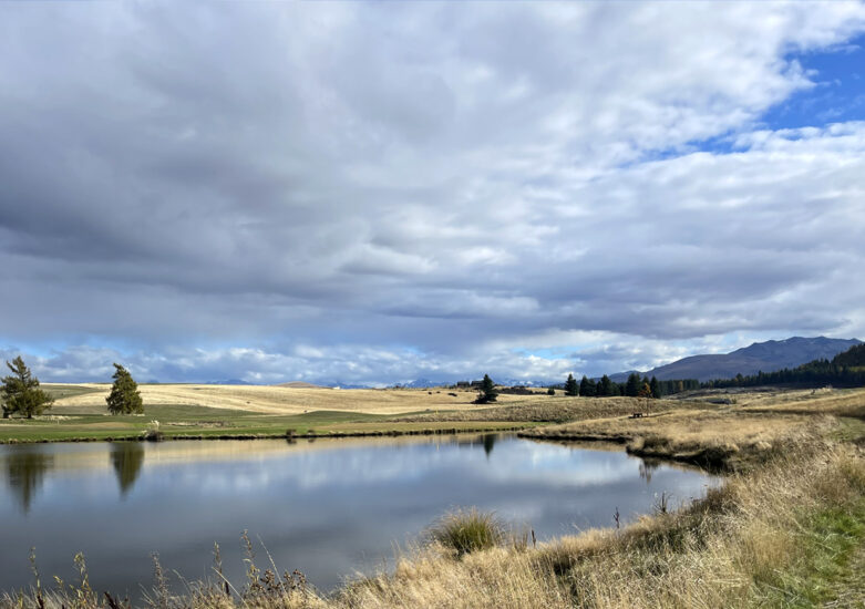 View across a body of water near grasslands on a cloudy day