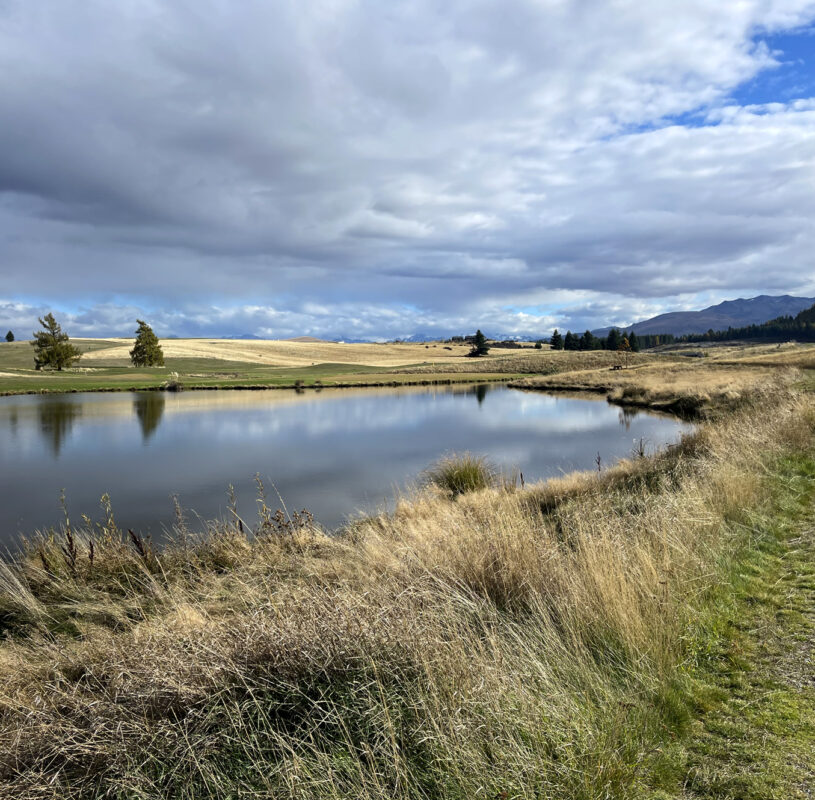 View across a body of water near grasslands on a cloudy day