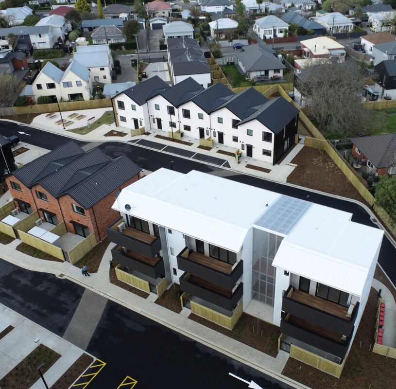 Aerial view of new community housing project - mix of buildings