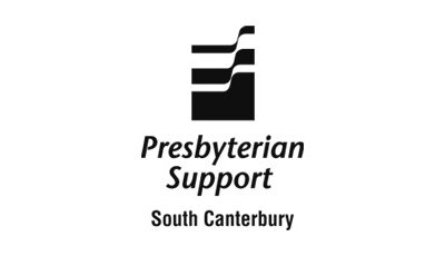 Black and white logo with the wording Presbyterian Support South Canterbury