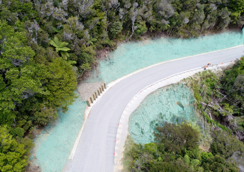 Aerial view of remediation work at French Pass in the Marlborough Sounds