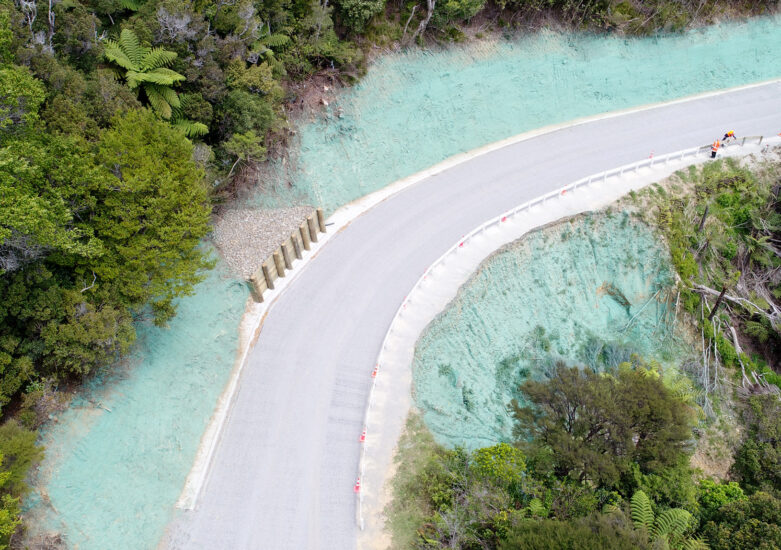 Aerial view of the Marlborough Road remediation work near French Pass