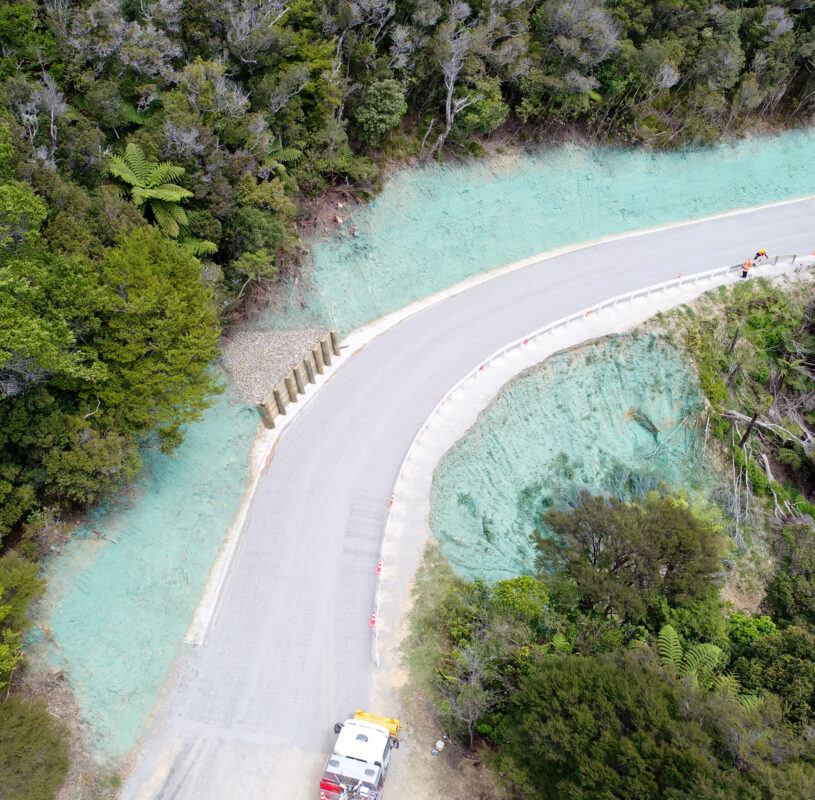 Aerial view of the Marlborough Road remediation work near French Pass